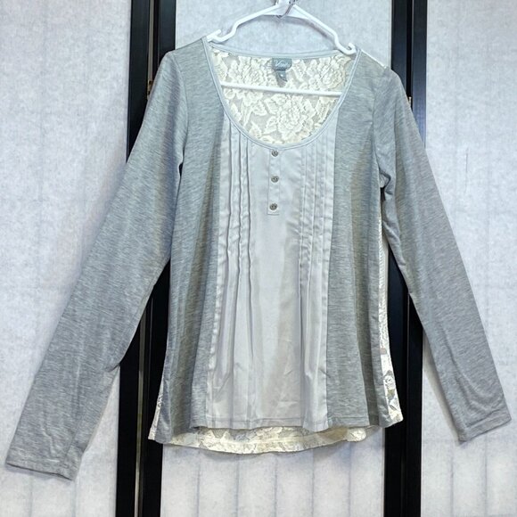 Vanity Scoop Neck Pleat Front Panel Lace Back Long Sleeve Knit Top Grey Ivory M - Picture 3 of 12